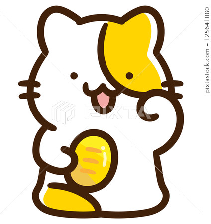 一手拿著金幣、扮成招財貓的可愛貓咪的變形插圖 一手拿著金幣、扮成招財貓的可愛貓咪的變形插圖 125641080