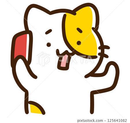 An upper body illustration of a cute cat character consulting about a difficult situation on a smartphone An upper body illustration of a cute cat character consulting about a difficult situation on a smartphone 125641082