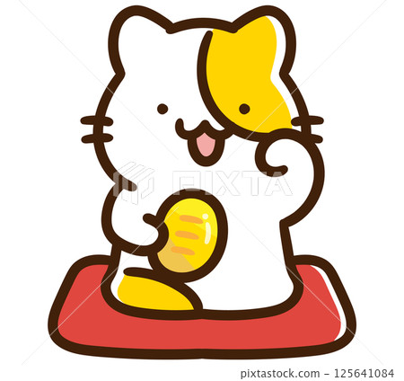 A deformed illustration of a cute cat character sitting on a red cushion and posing like a beckoning cat with a gold coin in one hand A deformed illustration of a cute cat character sitting on a red cushion and posing like a beckoning cat with a gold coin in one hand 125641084