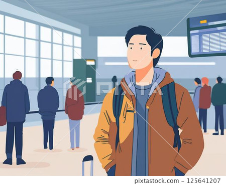 Man waiting in line at the boarding gate at the airport 125641207