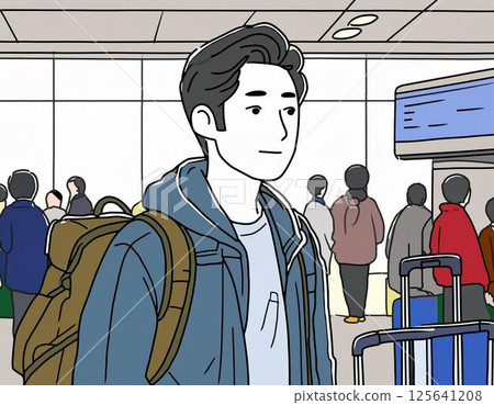 Man waiting in line at the boarding gate at the airport 125641208