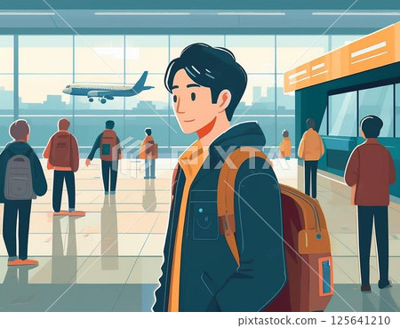 Man waiting in line at the boarding gate at the airport 125641210