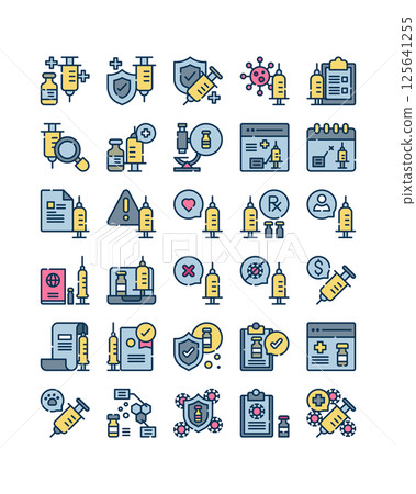 vaccine and treatment Medical diagnosis for health, filled outline icon set 125641255