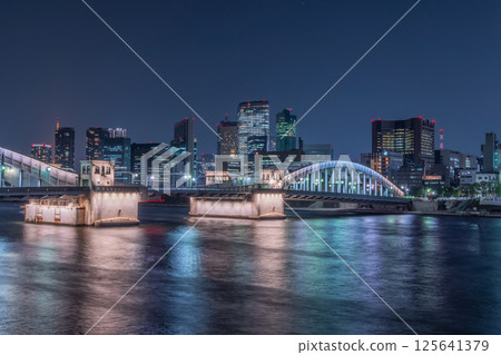 Illuminated Kachidoki Bridge over the Sumida River Illuminated Kachidoki Bridge over the Sumida River 125641379