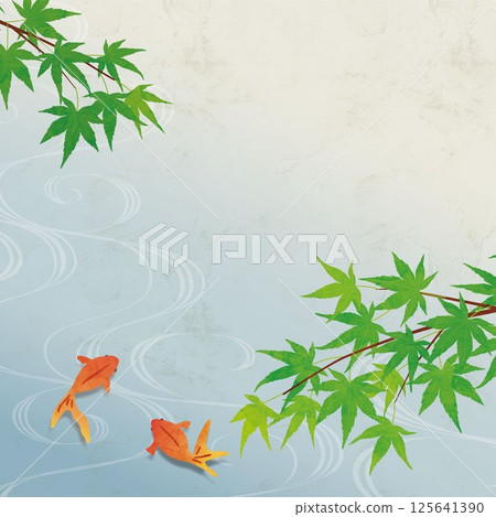 Summer background watercolor style illustration, goldfish and maple leaves clear stream scenery 125641390