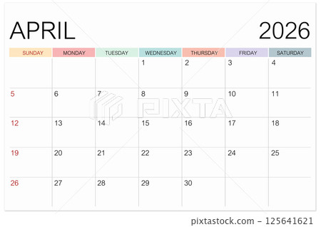 Calendar April 2026 page isolated on white background, Save clipping path. 125641621