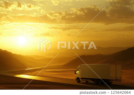 Freight Truck Driving Through Scenic Landscape at Sunset with Golden Horizon Freight Truck Driving Through Scenic Landscape at Sunset with Golden Horizon 125642064