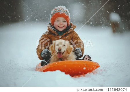 Adorable Child with Dog Enjoying a Joyful Sleigh Ride in a Winter Wonderland, Surrounded by Snowy Scenery, Capturing the Essence of Winter Fun and Friendship Adorable Child with Dog Enjoying a Joyful Sleigh Ride in a Winter Wonderland, Surrounded by Snowy Scenery, Capturing the Essence of Winter Fun and Friendship 125642074