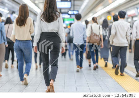 A woman in a white shirt and black pants walks down a crowded subway platform 125642095