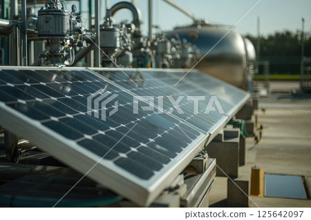 A solar panel is on top of a cement slab 125642097