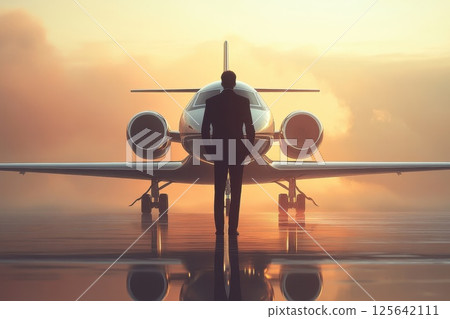 Businessman Standing in Front of Private Jet at Sunset on Airport Runway Businessman Standing in Front of Private Jet at Sunset on Airport Runway 125642111