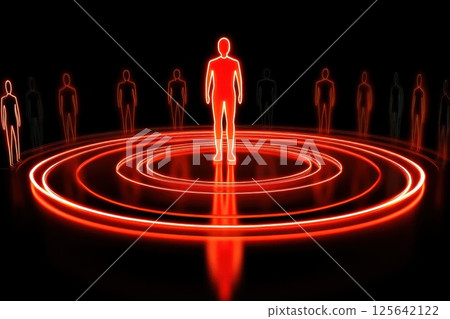 Neon Figure Standing on Podium Surrounded by Bright Circles of Light in Darkness Neon Figure Standing on Podium Surrounded by Bright Circles of Light in Darkness 125642122