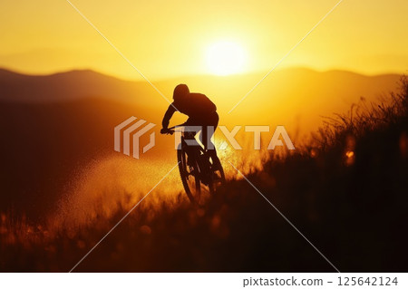 Surfer Catching a Perfect Wave with the Sun Setting in a Vibrant Golden Sky Surfer Catching a Perfect Wave with the Sun Setting in a Vibrant Golden Sky 125642124