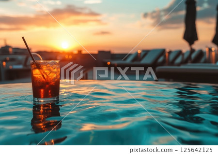 Serene Rooftop Infinity Pool at Sunset Over Urban Cityscape with Relaxing Lounge Chairs Serene Rooftop Infinity Pool at Sunset Over Urban Cityscape with Relaxing Lounge Chairs 125642125