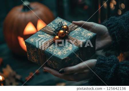 A person is holding a black box with gold decorations on it, Halloween giving event, spooky and festive mood A person is holding a black box with gold decorations on it, Halloween giving event, spooky and festive mood 125642136