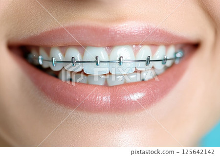 A woman with braces on her teeth is smiling 125642142