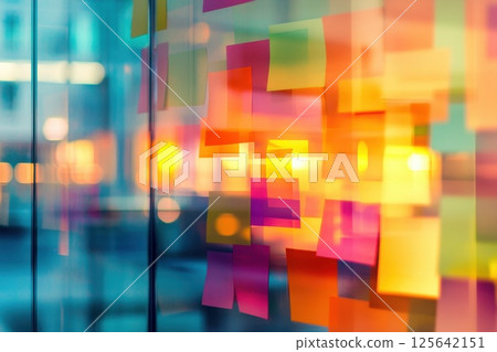 Dynamic Composition of Bright Sticky Notes on a Glass Surface Creating Colorful Reflections in a Modern Office Environment 125642151
