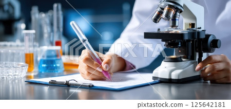 Researcher Working on Clinical Trial Data with Microscope in Laboratory Environment Researcher Working on Clinical Trial Data with Microscope in Laboratory Environment 125642181