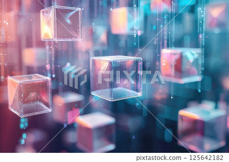 A series of cubes are floating in the air, each one with a different color A series of cubes are floating in the air, each one with a different color 125642182