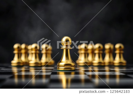 Elegant Golden Chess Piece on a Classic Chessboard Surrounded by Pawns 125642183