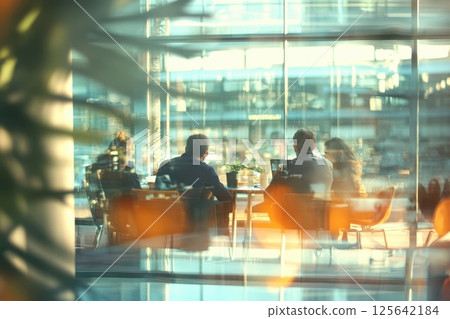 Meeting in Soft Focus Behind Glass with Warm Light and Urban Background Elements 125642184