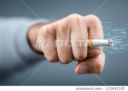 Powerful Fist Crushing a Cigarette with Energy Bursts and Radiating Motion Effects Powerful Fist Crushing a Cigarette with Energy Bursts and Radiating Motion Effects 125642185