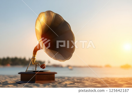Vintage Waterproof Speaker Gadget on the Beach with Sunset in the Background Vintage Waterproof Speaker Gadget on the Beach with Sunset in the Background 125642187