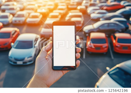 Hand Holding Smartphone Over Busy Parking Lot at Sunset 125642196