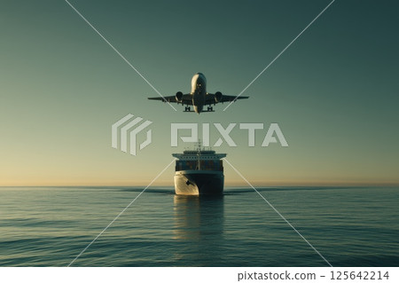 Airplane in Flight Above Large Ship on Calm Ocean Water at Sunset Horizon 125642214