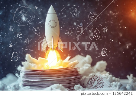 A white rocket is flying through the sky with a drawing of a star on it 125642241