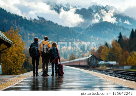 Three Young Travelers at a Mountainous Train Station Platform on a Rainy Day with Autumn Colors and Dramatic Cloudy Skies in the Background Three Young Travelers at a Mountainous Train Station Platform on a Rainy Day with Autumn Colors and Dramatic Cloudy Skies in the Background 125642242