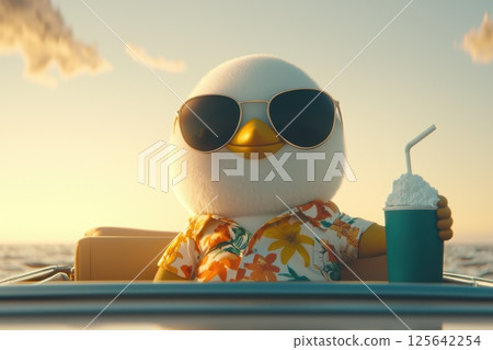 Dapper Penguin in Bright Floral Shirt Enjoying a Summer Evening on a Boat 125642254