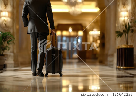 Elegant Businessman Standing in Luxurious Hotel Lobby with Luggage 125642255