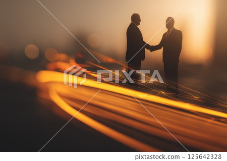 Business Partnership Handshake Silhouette Against Sunset with Blurred Background Effects Business Partnership Handshake Silhouette Against Sunset with Blurred Background Effects 125642328