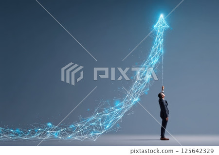 Business Person in Futuristic Setting Reaching for Clean Growth with Digital Arrow Visualization Business Person in Futuristic Setting Reaching for Clean Growth with Digital Arrow Visualization 125642329