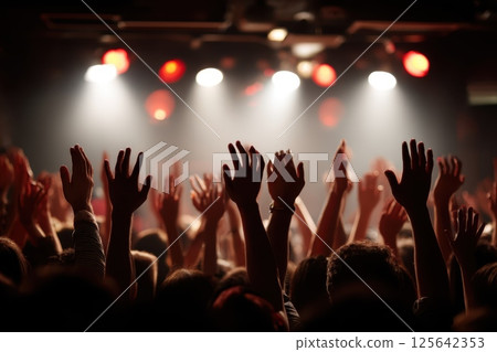 Energetic Audience with Hands Raised in a Dimly Lit Venue During a Live Event Performance 125642353