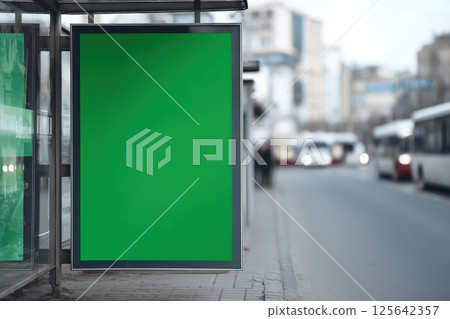 Empty Bus Stop Showcase Mockup for Photography with Green Display Area for Advertising Content 125642357