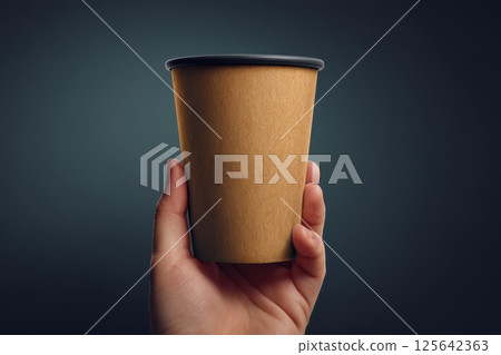 Hand Holding Recyclable Paper Coffee Cup in Studio with Dark Background and Soft Lighting Hand Holding Recyclable Paper Coffee Cup in Studio with Dark Background and Soft Lighting 125642363