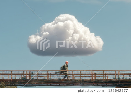 Digital Metaphor of a Person Crossing a Bridge Under a Floating Cloud in a Bright Sky 125642377