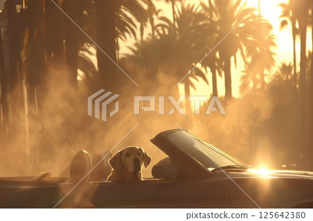 Dog Relaxing in a Convertible Under a Shimmering Summer Sun with Palm Trees in the Background Dog Relaxing in a Convertible Under a Shimmering Summer Sun with Palm Trees in the Background 125642380