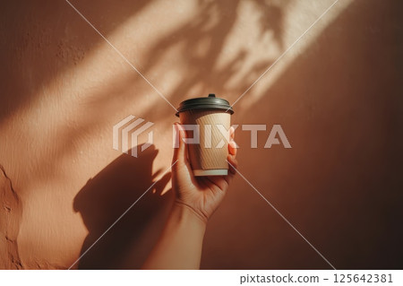 Hand Holding Coffee Cup with Lid at Chest Level, Soft Natural Light and Shadow Play Hand Holding Coffee Cup with Lid at Chest Level, Soft Natural Light and Shadow Play 125642381