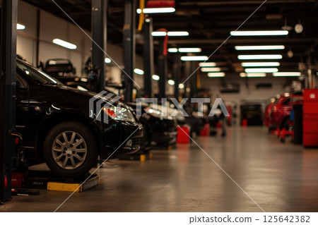 Busy Auto Repair Shop with Multiple Cars on Lifts Busy Auto Repair Shop with Multiple Cars on Lifts 125642382