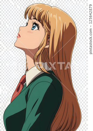 插圖為身穿制服的日本女孩仰視的側面。細膩的線條和柔和的色彩 125642879