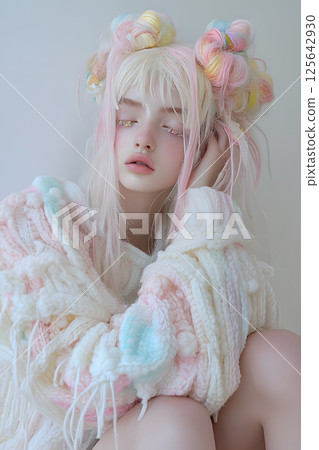 A fantastical, sweet and pop portrait of a beautiful girl wrapped in pastel colors 125642930