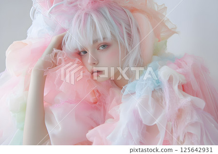 一幅夢幻、甜美、流行的肖像畫,描繪了一個被柔和的色彩包裹的美麗女孩 一幅夢幻、甜美、流行的肖像畫,描繪了一個被柔和的色彩包裹的美麗女孩 125642931