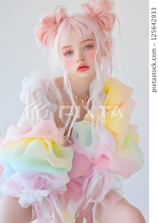 A fantastical, sweet and pop portrait of a beautiful girl wrapped in pastel colors A fantastical, sweet and pop portrait of a beautiful girl wrapped in pastel colors 125642933