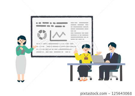 Illustration of a man and woman giving a presentation 125643068