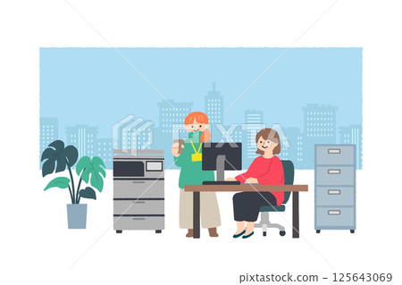 一個女人在辦公室工作的插圖 125643069