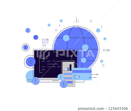 Global economics. High-tech finances. Digital money. Crypto currency. Laptop, smartphone and bank card 125643306