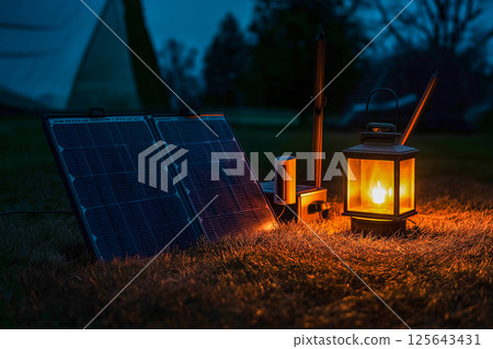 用於停電和災難的太陽能電池板和燈籠用於停電和災難的太陽能電池板和燈籠 125643431